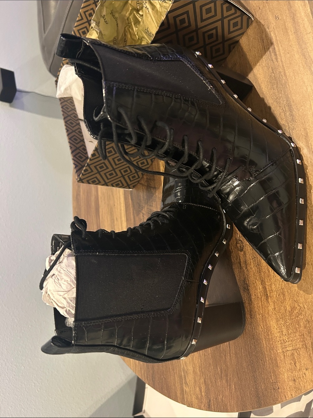 Charles David Black Croc-Embossed Studded Lace-Up Ankle Boots